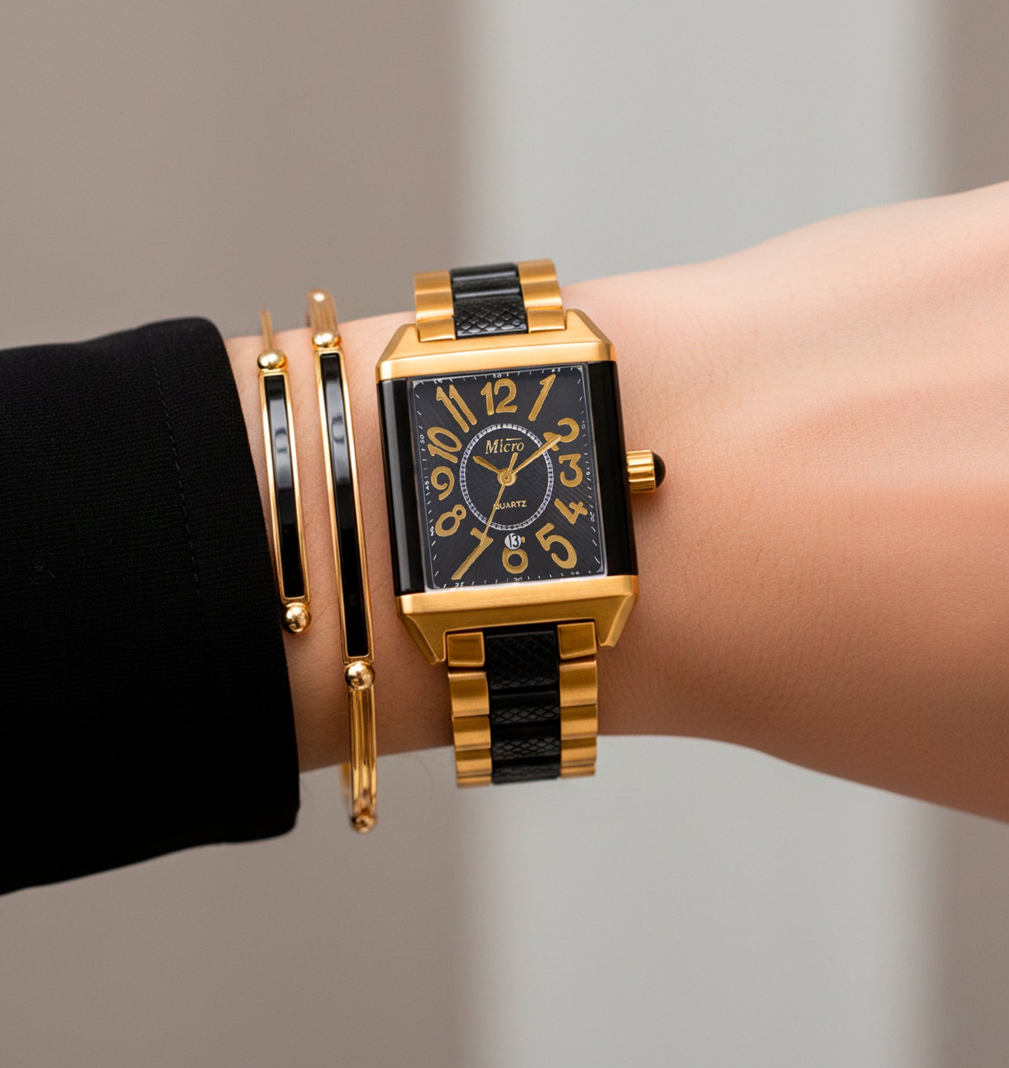 Reloj Micro Cerámico Gold & Black – Caja Rectangular y Correa Bicolor