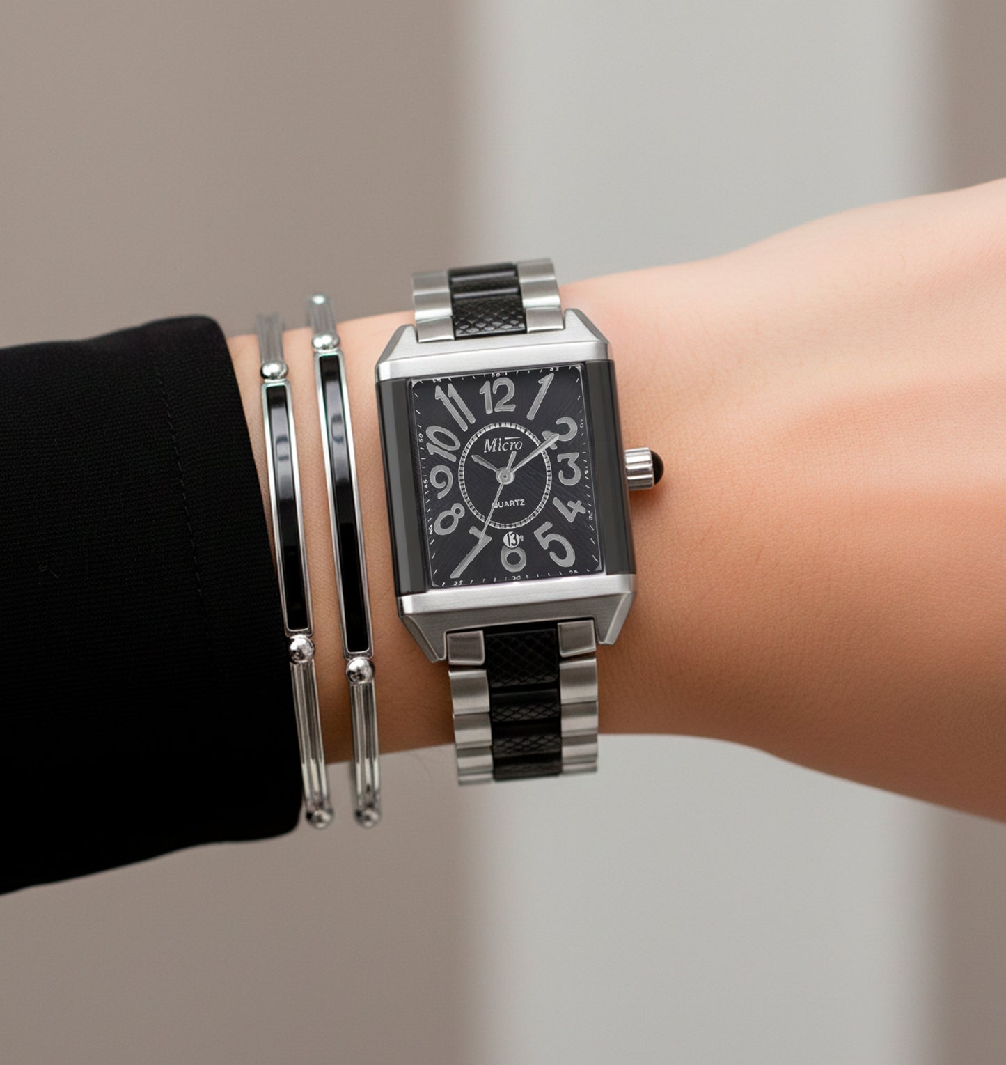 Reloj Micro Cerámico Silver & Black – Caja Rectangular y Correa Bicolor