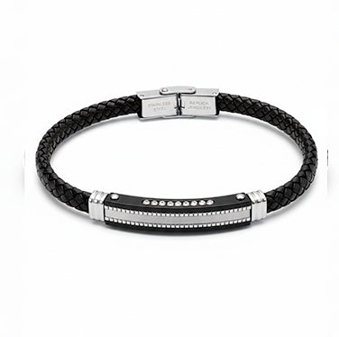 Pulsera de cuero negro con acero y circonitas