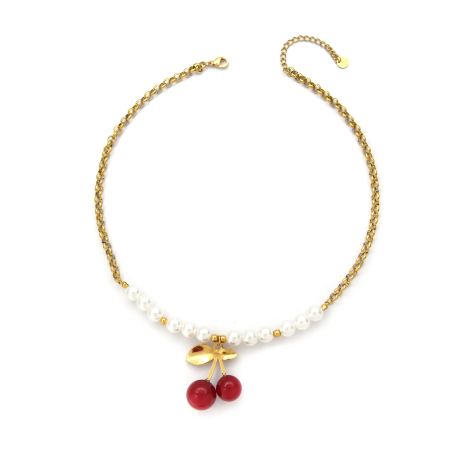 Colgante Acero Cerezas y Perlas Chapado