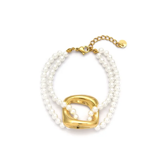 Pulsera Acero Perlas y Charm de Acero Chapado