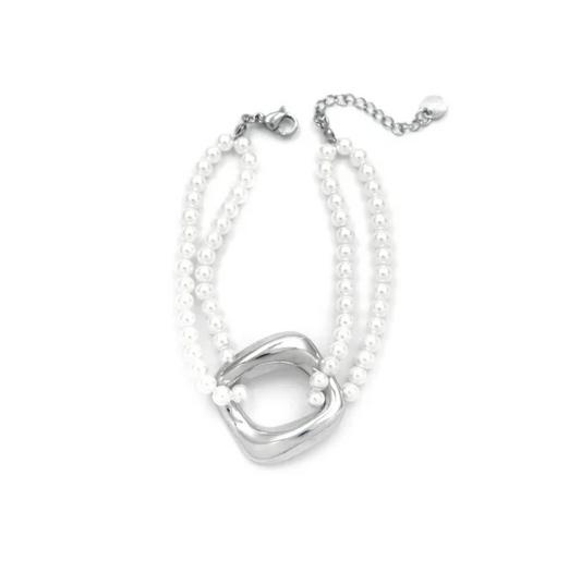 Pulsera Acero Perlas y Charm de Acero