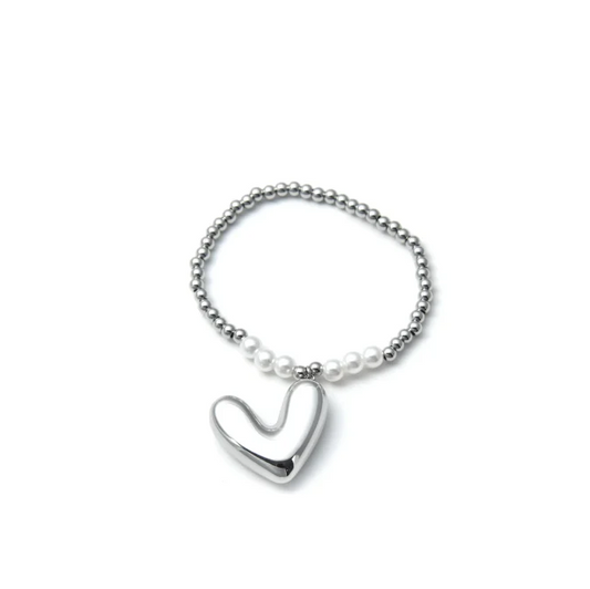Pulsera Acero Perlas bolitas y corazon