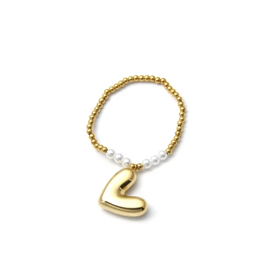 Pulsera Acero Perlas bolitas y corazón Chapado