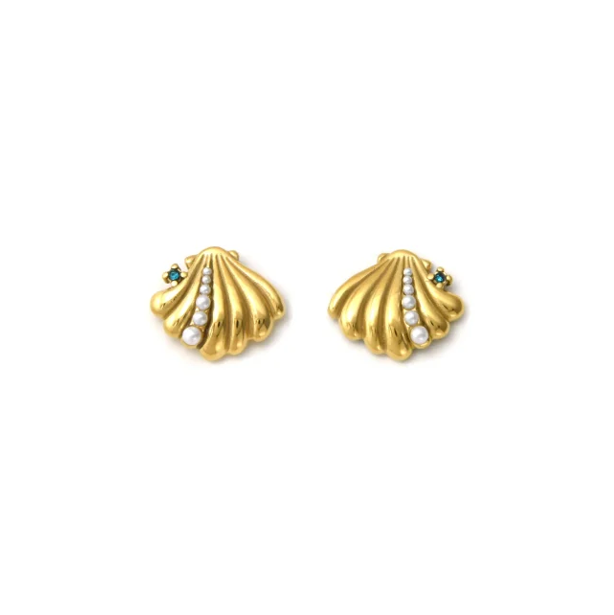 Pendientes Micro Acero Concha con Perlas Chapado
