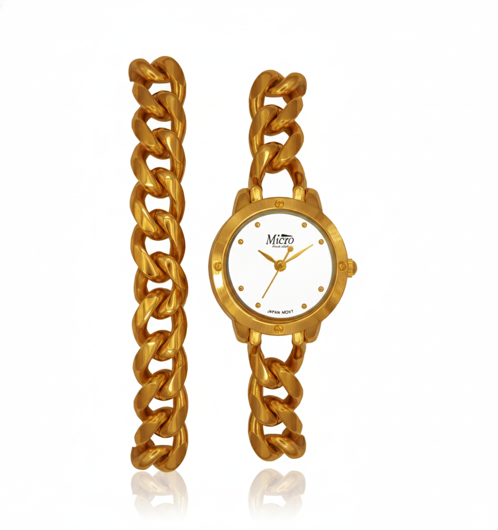 Reloj Micro Gold Chain White – Pulsera Cadena Dorada, Esfera Blanca y 3 ATM