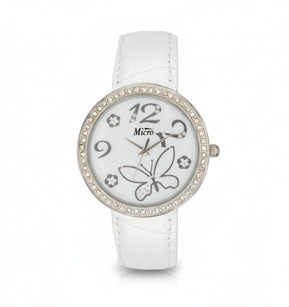 Reloj Micro Butterfly Silver – Correa Blanca, Cristales y Diseño Floral