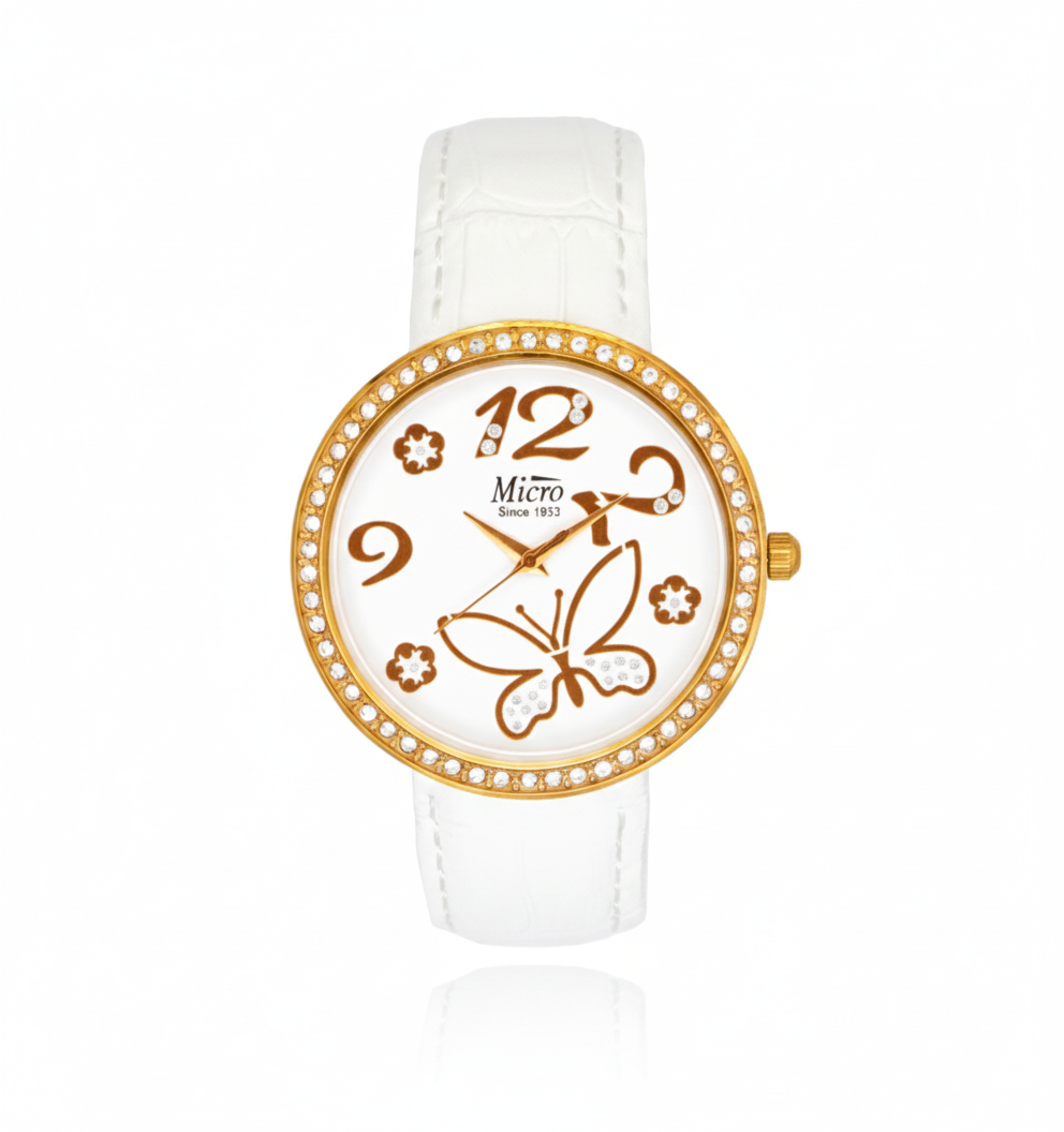 Reloj Micro Butterfly Gold – Correa Blanca, Cristales y Diseño Floral