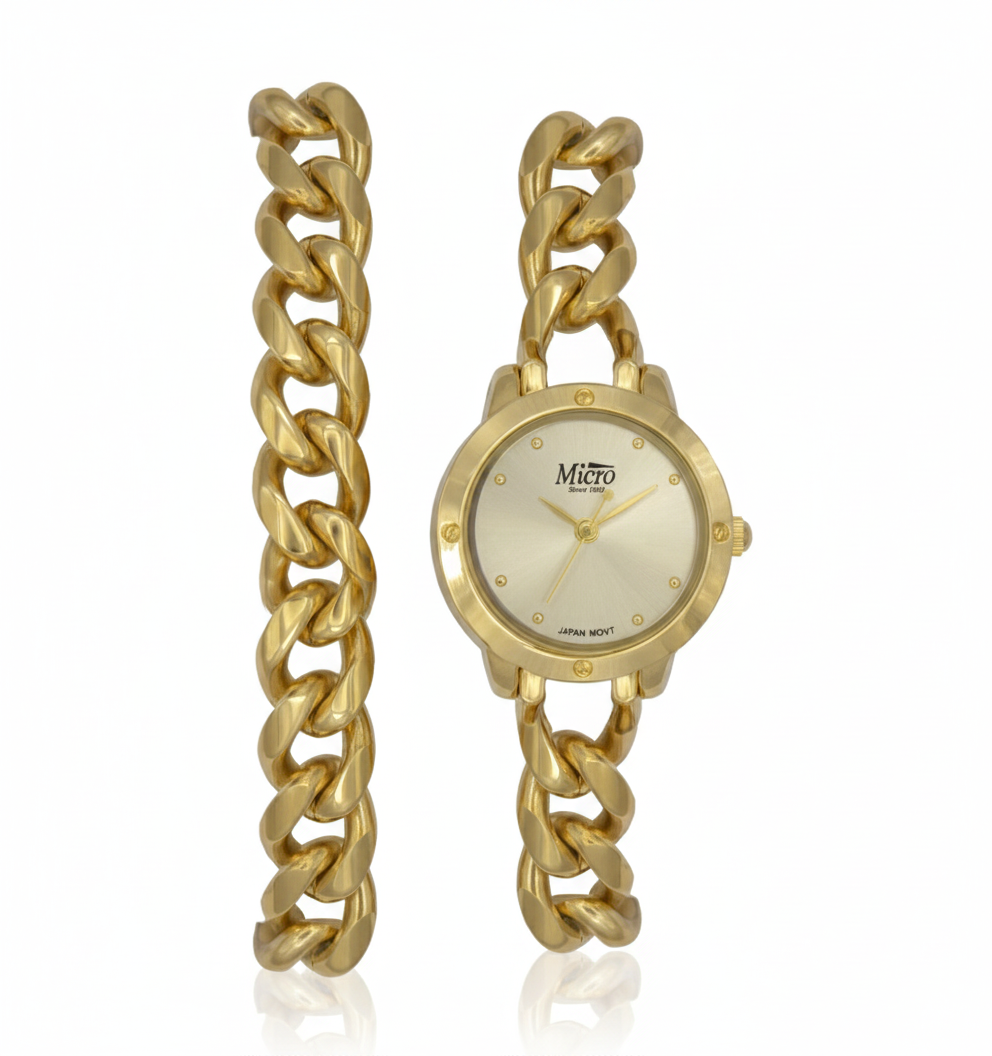 Reloj Micro Gold Chain Premium – Cadena Dorada, Esfera Champán y 3 ATM