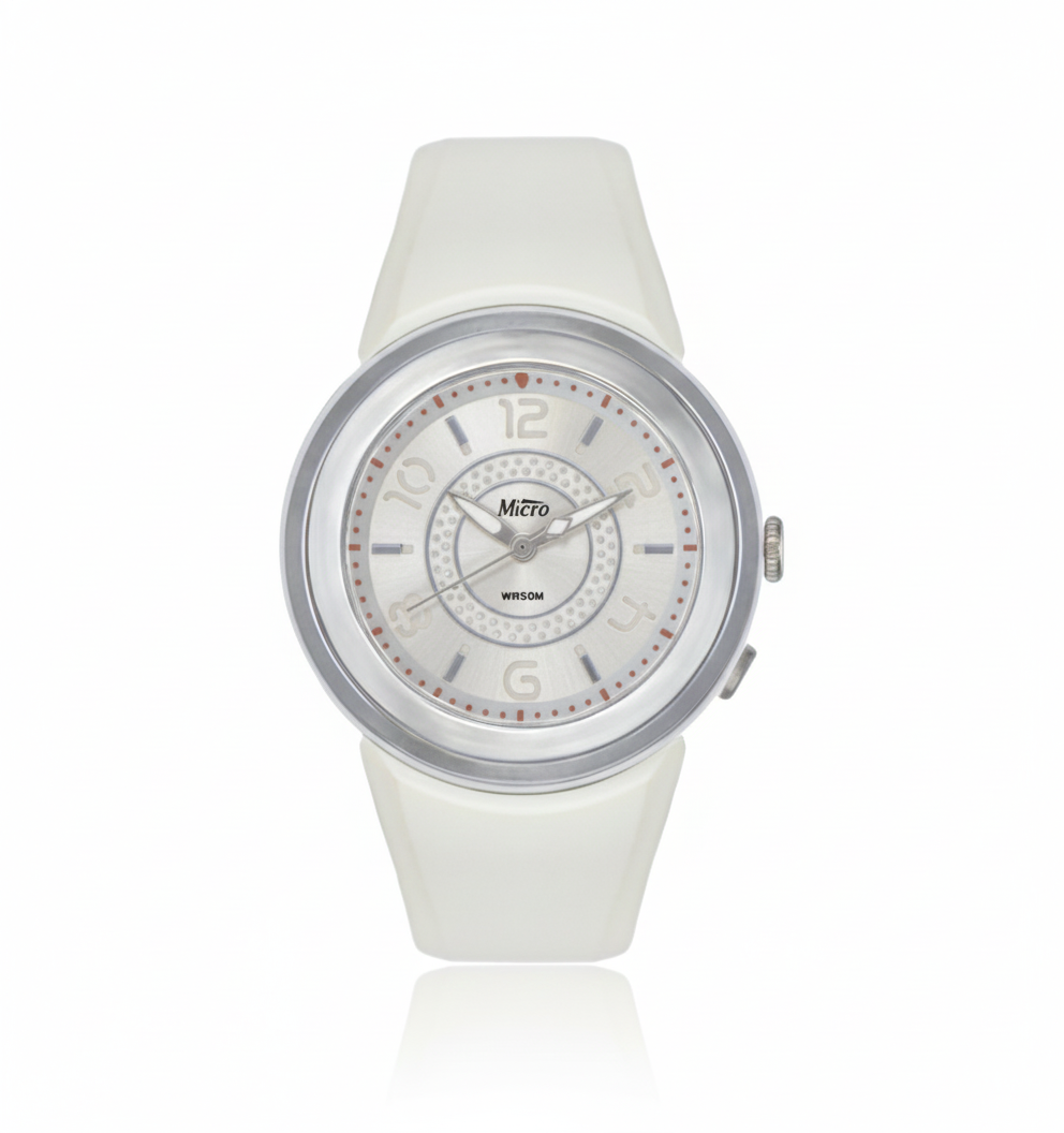 Reloj Micro White Soft – Silicona Blanca, Esfera Plata y 5 ATM