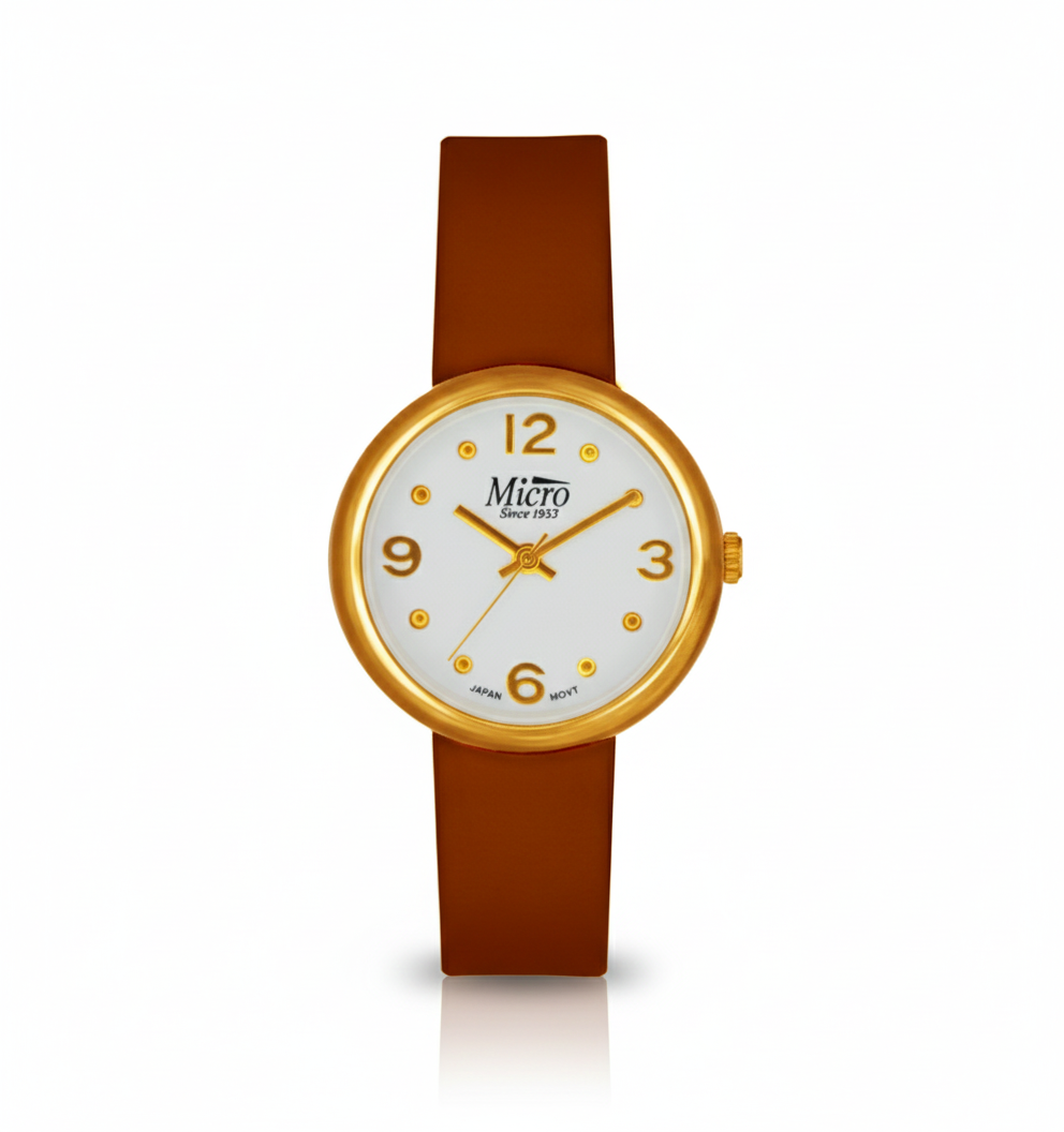 Reloj Micro Gold Minimal Brown – Cuero Marrón, Esfera Blanca y 3 ATM