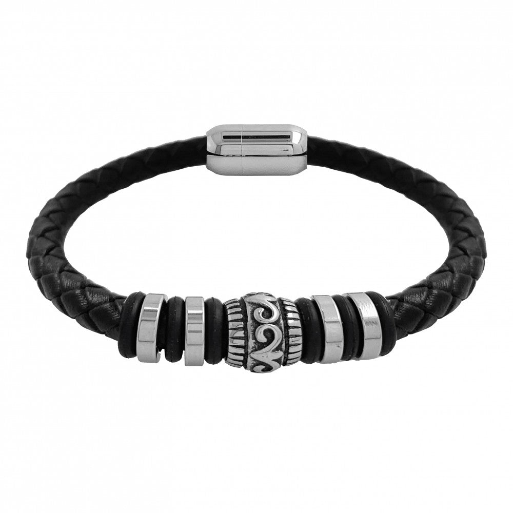 Pulsera Micro acero y cuero negro motivo redondo