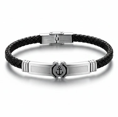 Pulsera de cuero negro con acero y ancla negra