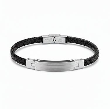 Pulsera de cuero negro con acero y franja