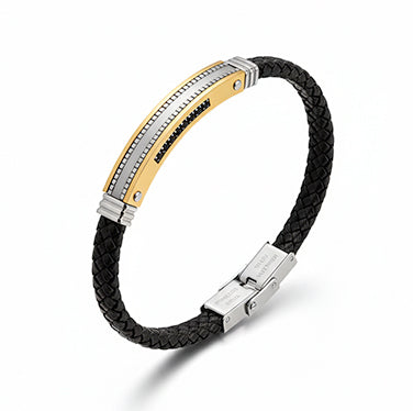 Pulsera de cuero negro con acero y circonitas