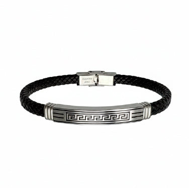 Pulsera de cuero negro con diseño griego grabado