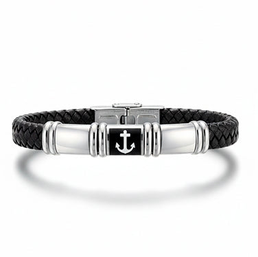 Pulsera de cuero negro con ancla en acero