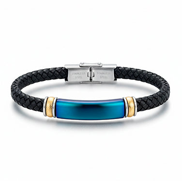 Pulsera de cuero negro con acero azul y detalles dorados