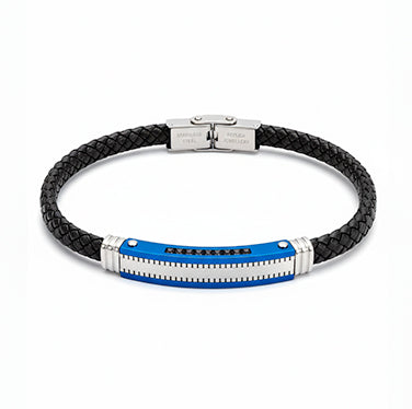 Pulsera de cuero negro con acero y circonitas