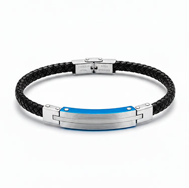 Pulsera de cuero negro con acero y franja