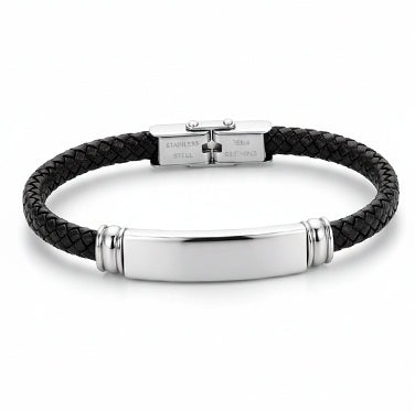 Pulsera de cuero negro con acero plateado