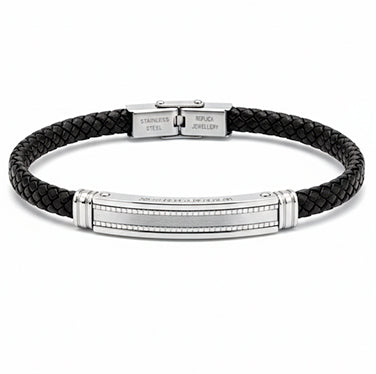 Pulsera de cuero negro con acero y circonitas