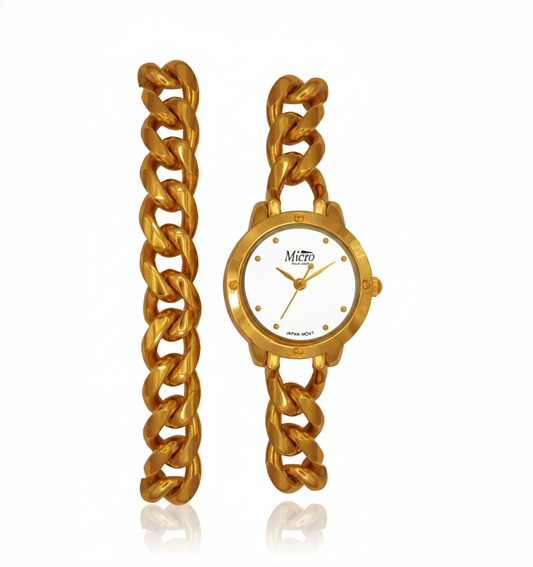 Reloj Micro Gold Chain White – Pulsera Cadena Dorada, Esfera Blanca y 3 ATM