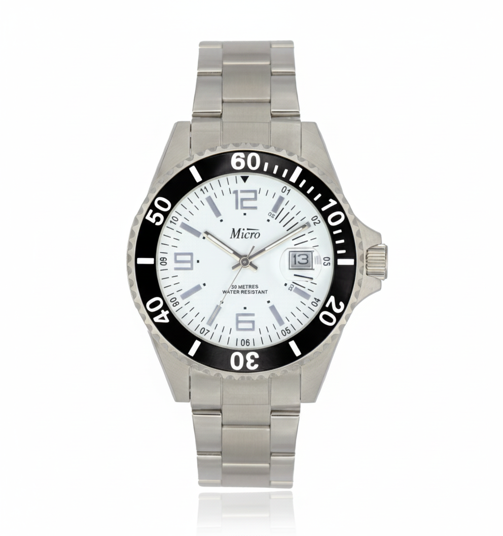 Reloj Micro Diver Acero – Bisel Negro, Esfera Blanca