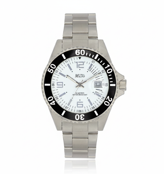 Reloj Micro Diver Acero – Bisel Negro, Esfera Blanca