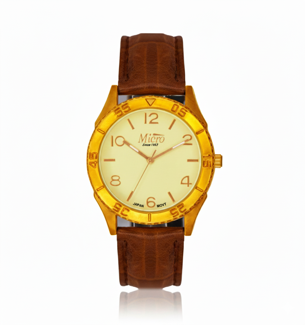 Reloj Micro Gold Classic – Caja Dorada, Correa Marrón y 3 ATM