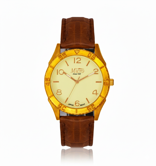 Reloj Micro Gold Classic – Caja Dorada, Correa Marrón y 3 ATM