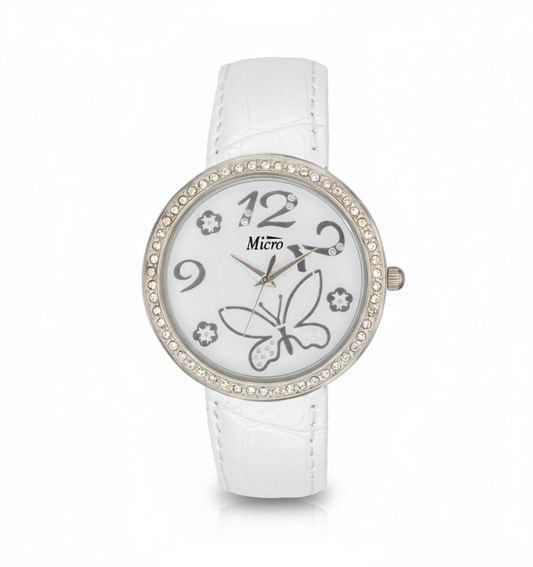 Reloj Micro Butterfly Silver – Correa Blanca, Cristales y Diseño Floral