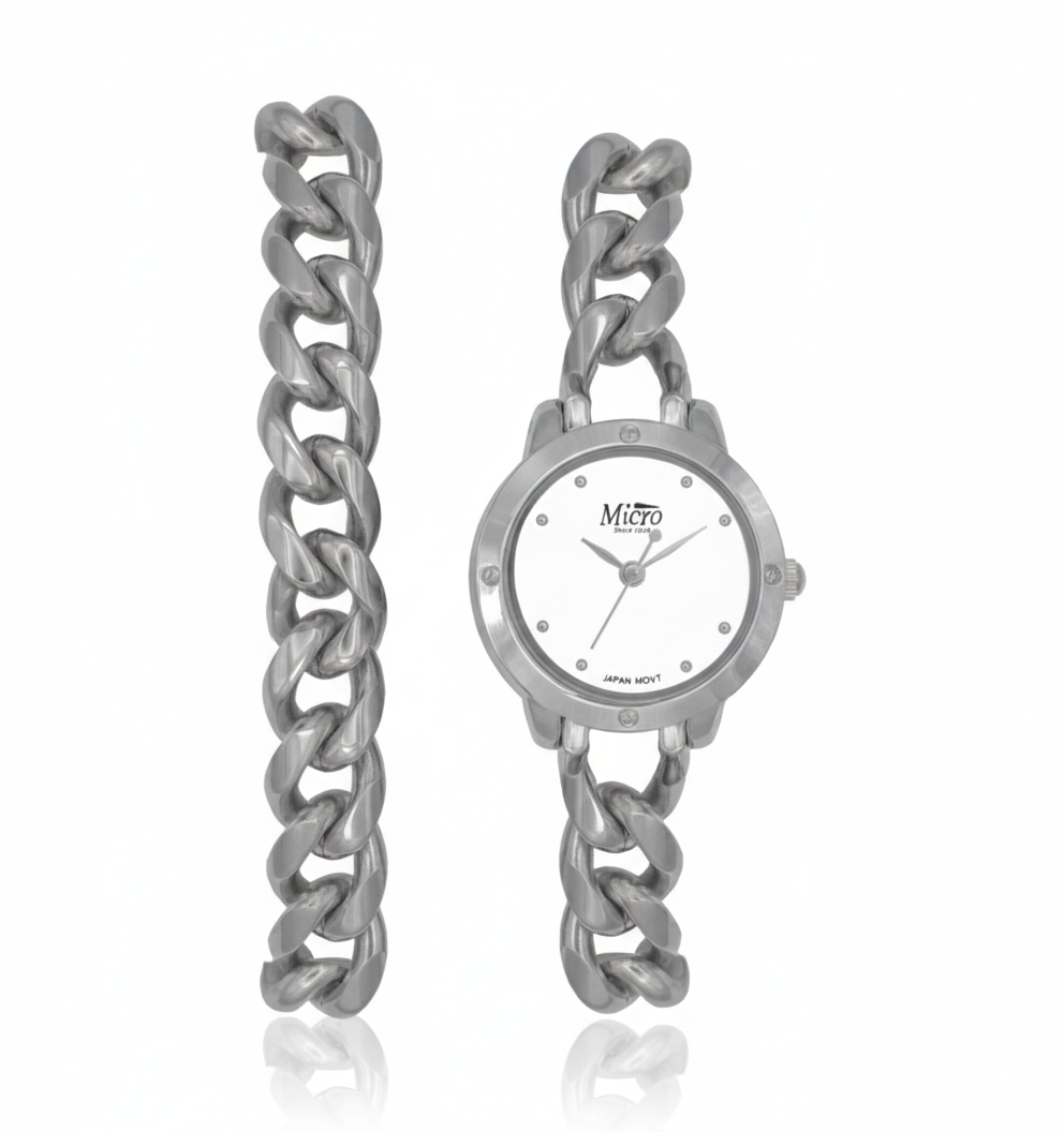 Reloj Micro Silver Chain – Pulsera Cadena Plateada, Esfera Blanca y 3 ATM