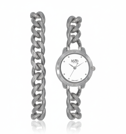 Reloj Micro Silver Chain – Pulsera Cadena Plateada, Esfera Blanca y 3 ATM