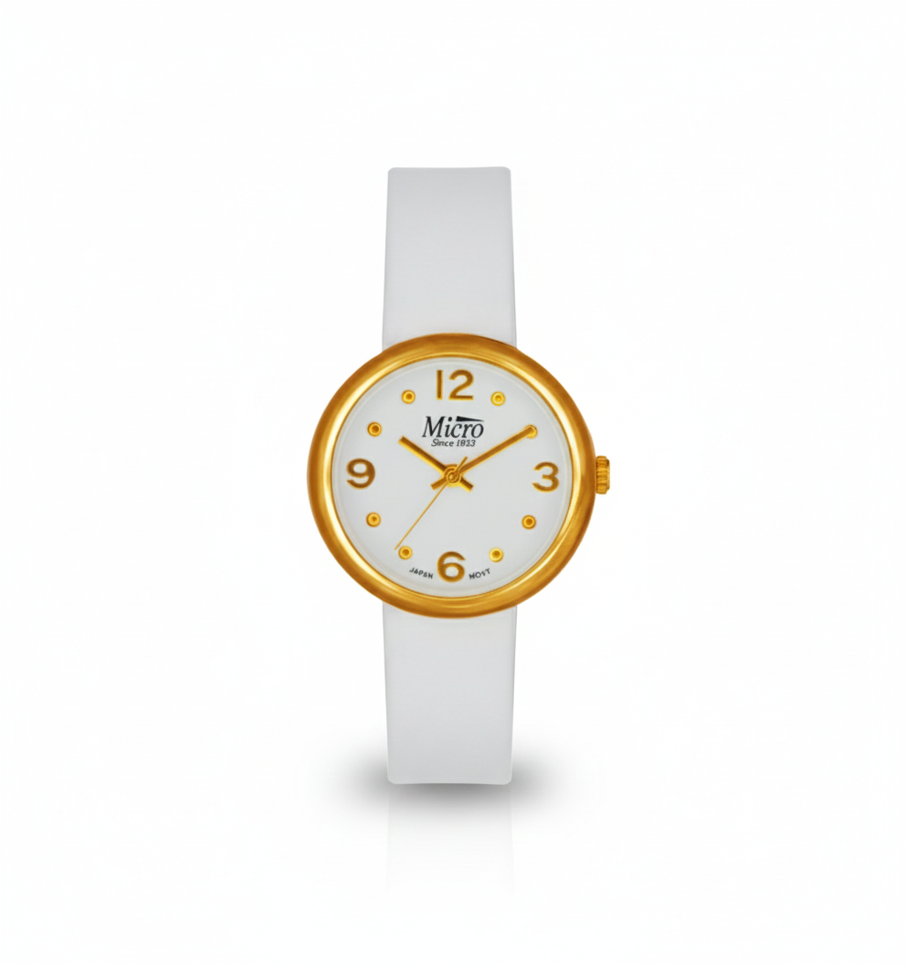 Reloj Micro Gold Minimal – Cuero Blanca, Esfera Blanca y 3 ATM