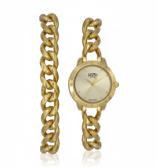 Reloj Micro Gold Chain Premium – Cadena Dorada, Esfera Champán y 3 ATM