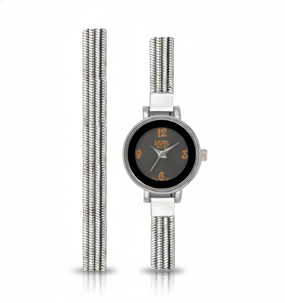 Reloj Micro Doble Pulsera Silver – Esfera Negra, Diseño Elegante y 3 ATM