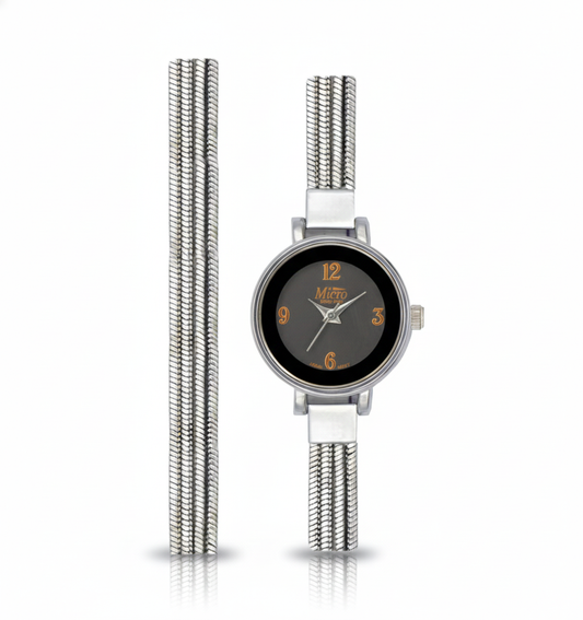 Reloj Micro Doble Pulsera Silver – Esfera Negra, Diseño Elegante y 3 ATM