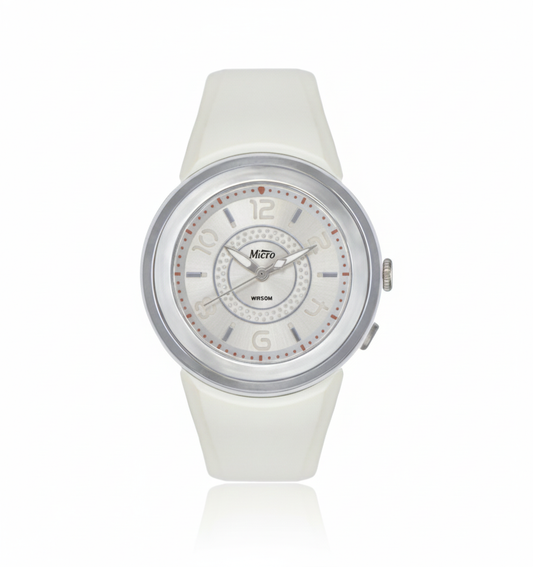 Reloj Micro White Soft – Silicona Blanca, Esfera Plata y 5 ATM