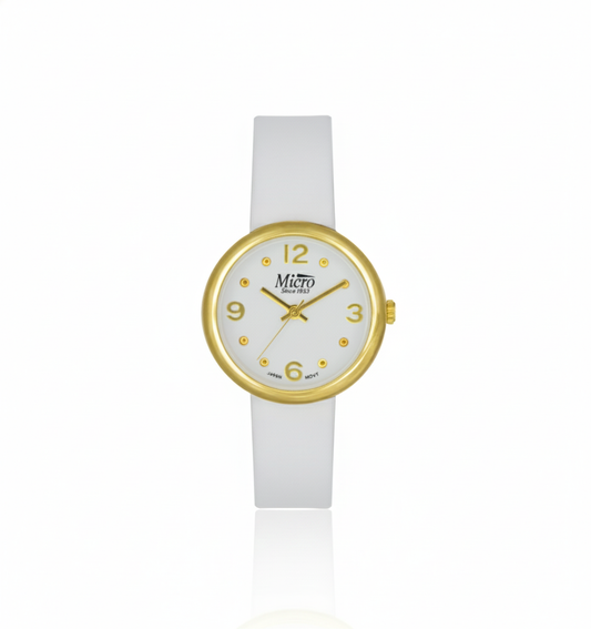 Reloj Micro Gold Minimal White – Cuero Blanca, Esfera Blanca y 3 ATM