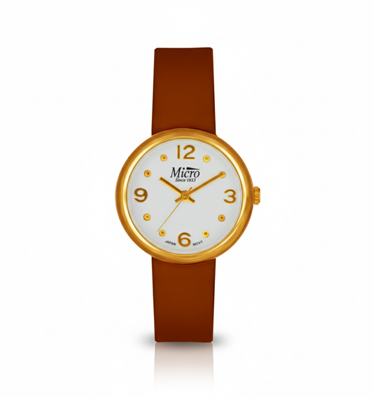 Reloj Micro Gold Minimal Brown – Cuero Marrón, Esfera Blanca y 3 ATM