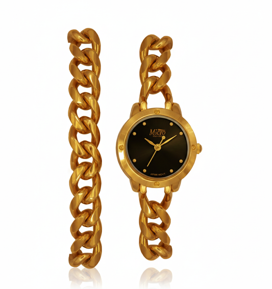 Reloj Micro Gold Chain – Pulsera Cadena Dorada, Esfera Negra y 3 ATM