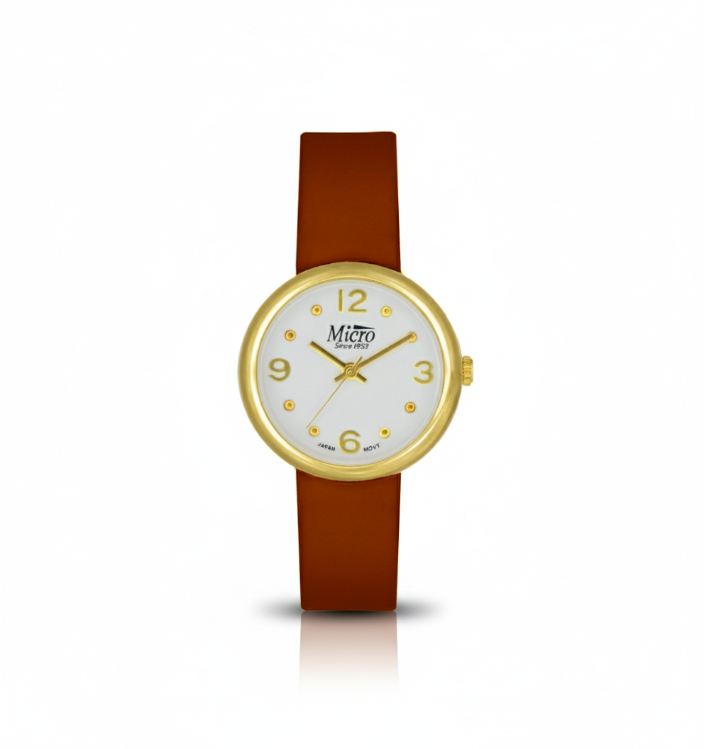 Reloj Micro Gold Minimal Brown – Esfera Blanca, Cuero Marrón y 3 ATM