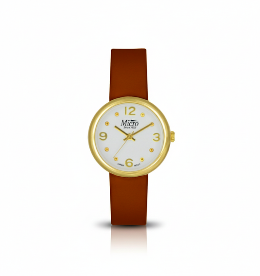 Reloj Micro Gold Minimal Brown – Esfera Blanca, Cuero Marrón y 3 ATM