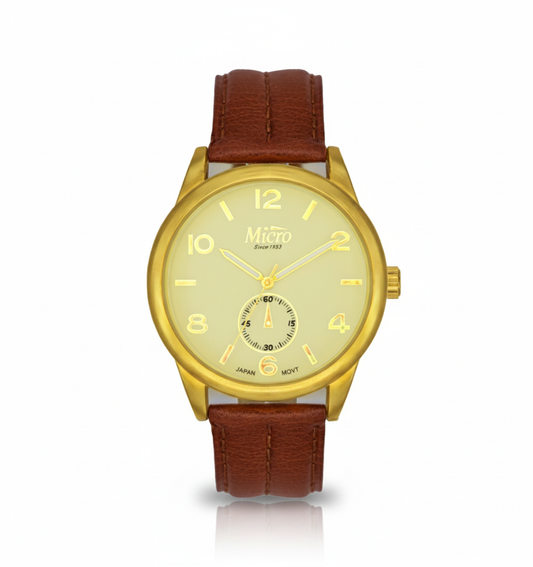 Reloj Micro Gold Vintage – Esfera Crema, Correa Marrón y 3 ATM
