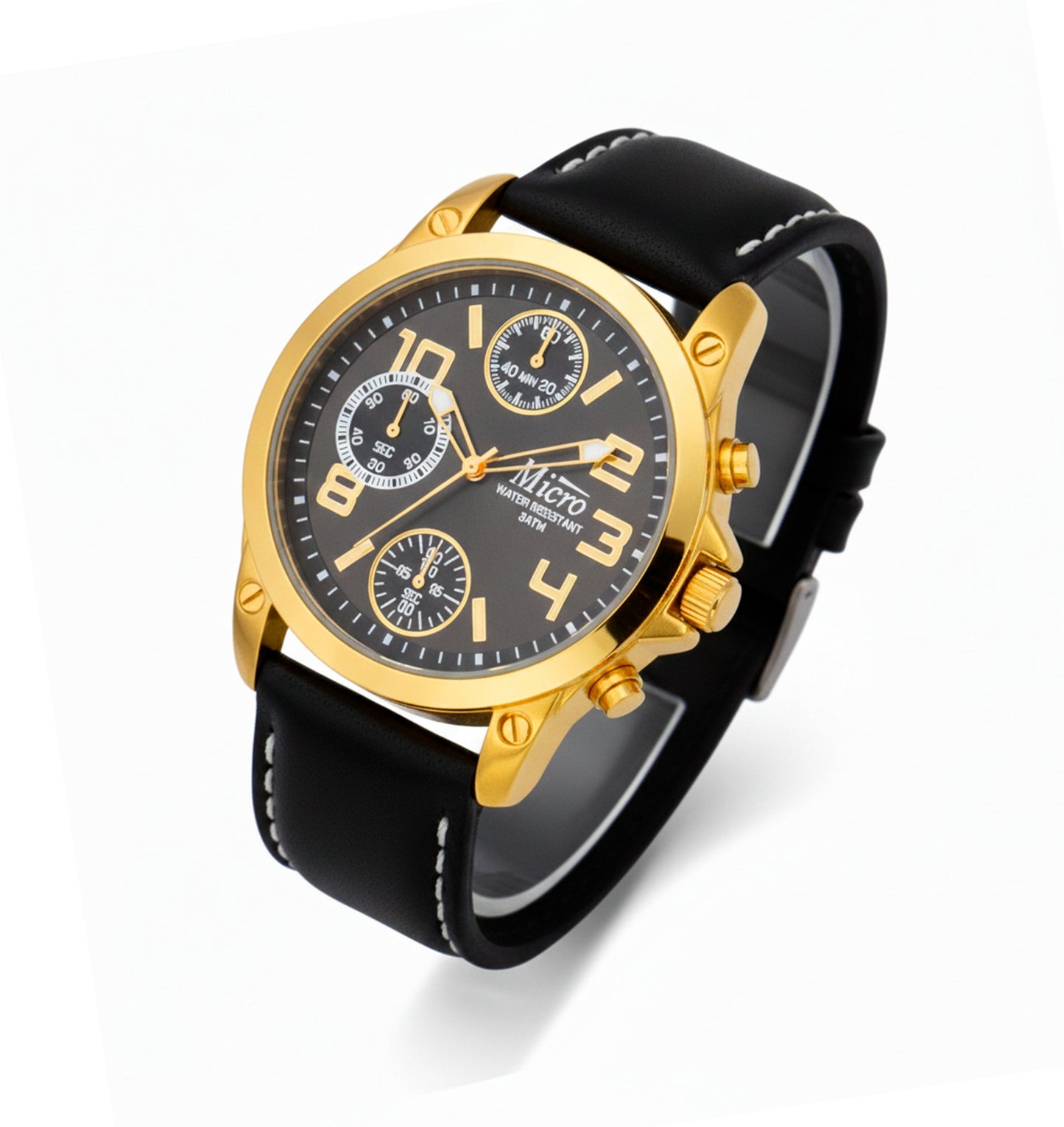 Reloj Micro Sport Gold – Esfera Negra, Caja Dorada