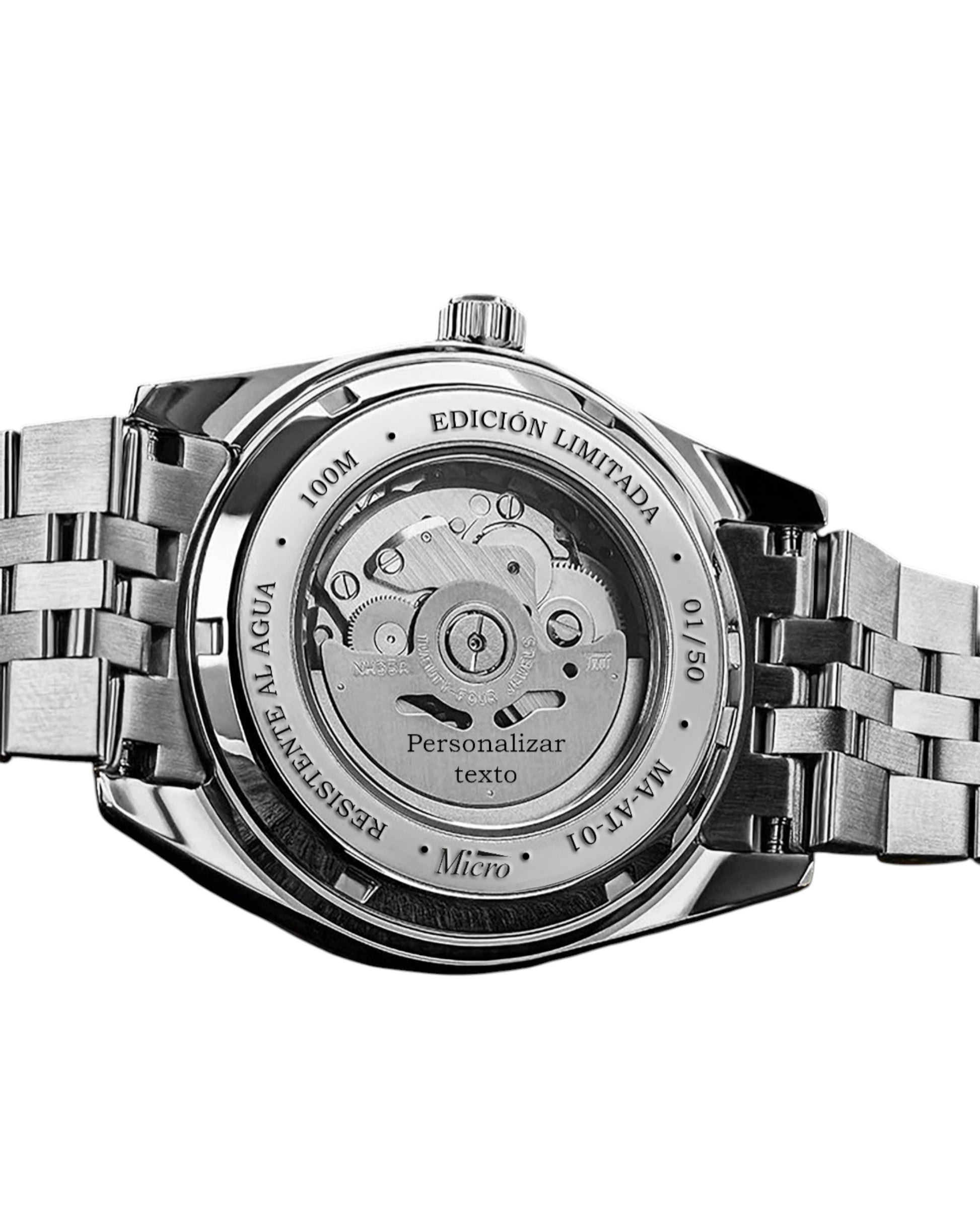 Vista trasera del reloj Micro MDJ-001 automático con fondo transparente y rotor grabado, caja de 40 mm